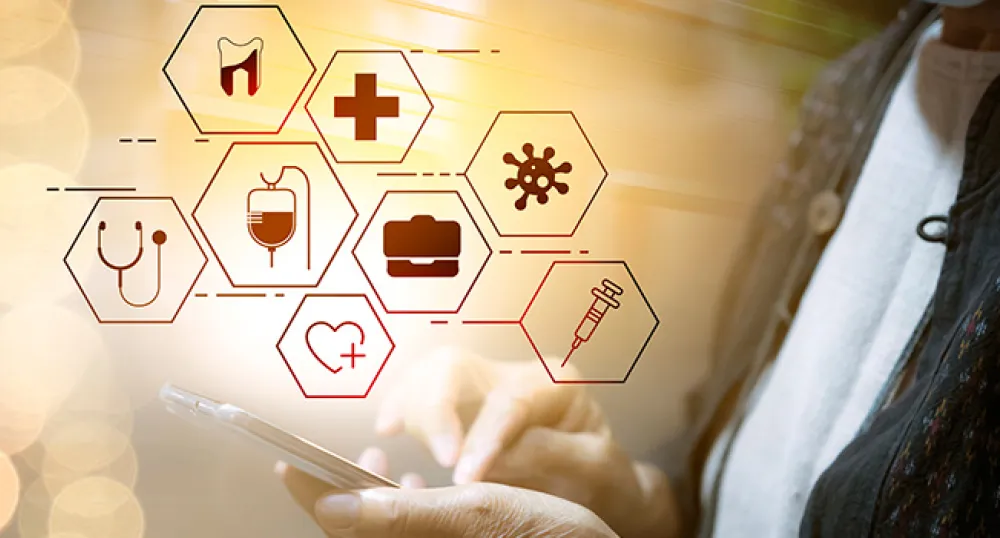 Photo of person touching/using a cell phone with icons of health symbols floating above it Photo of person touching/using a cell phone with icons of health symbols floating above it