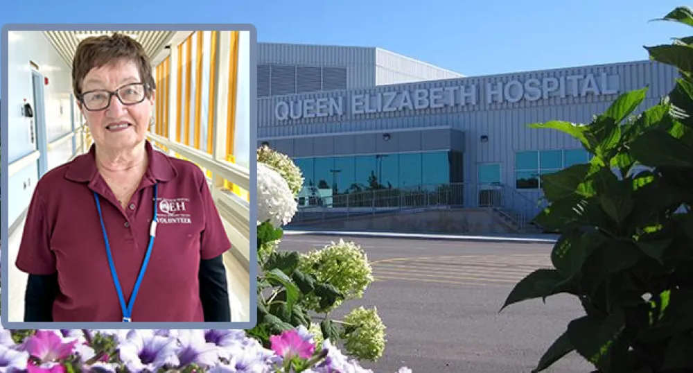 Pat Aiken LPN and volunteer in front the Queen Elizabeth Hospital