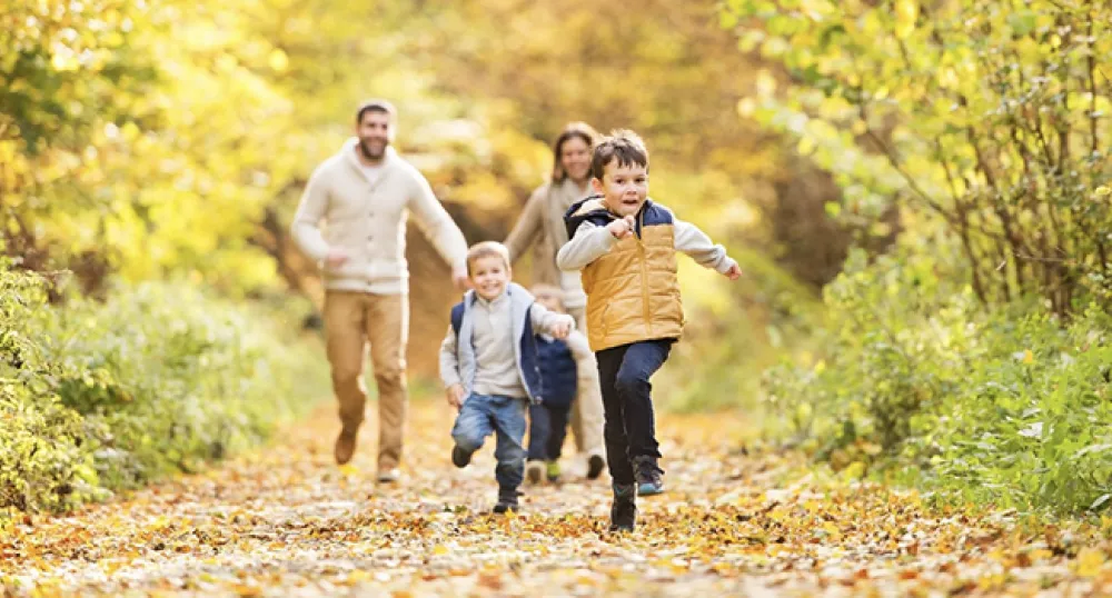 A family enjoying a walk on a trail filled with fallen leaves as two young boy runs ahead