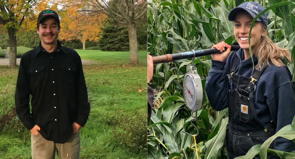 a person standing in front of a tree and a person in a cornfield