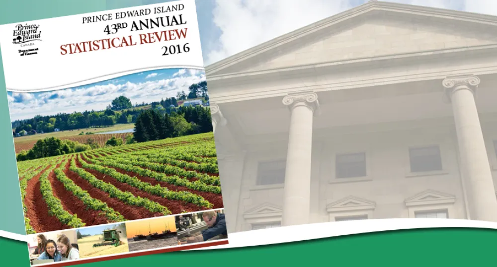 Image includes cover of &#039;Prince Edward Island 43rd Annual Statistical Review 2016&#039; with image of Province House in background