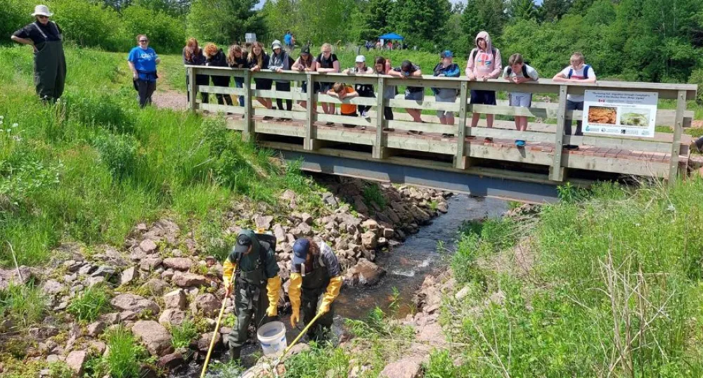 Image of group of people on small bridge looking over at watershed