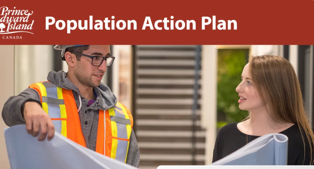 Image of two young professionals in an office setting with text: PEI Population Action Plan