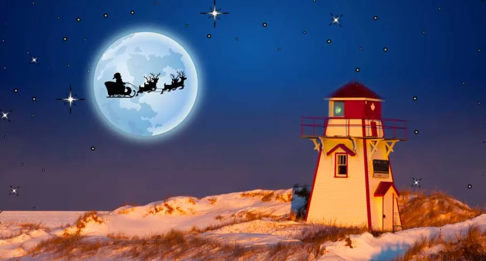 Premier King speaks with Santa Claus and confirms PEI is ready for his arrival image of Santa in a sleigh by the moon and a lighthouse underneath