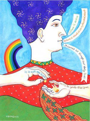 Painting of person with copy: &quot;culture is active; culture is about us as a place and people; it carries us through our daily lives; it is both the spark and the ability to ignite that spark&quot;