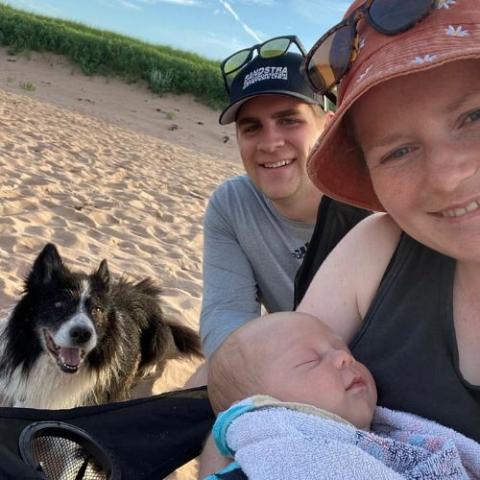 image of a couple at the beach with the mother holding a baby with their dog close by