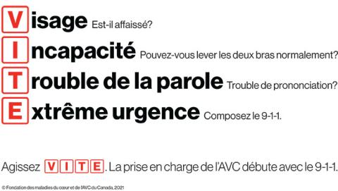 VITE. La première lettre de chaque puce épelle le mot « vite ». Visage : est-il affaissé? Incapacité : pouvez-vous lever les deux bras normalement? Troubles de la parole : trouble de prononciation? Extrême urgence : composez le 9-1-1. 