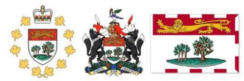 From left to right: Lieutenant Governor&#039;s emblem, Coat of Arms and PEI provincial flag