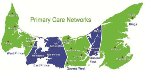 Graphic of Prince Edward Island with health care networks identified