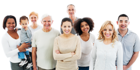 Diverse group of smiling people standing together.