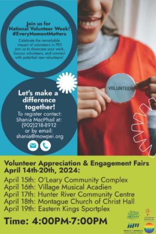 image of a schedule of events and also a person holding a volunteer pin to their chest