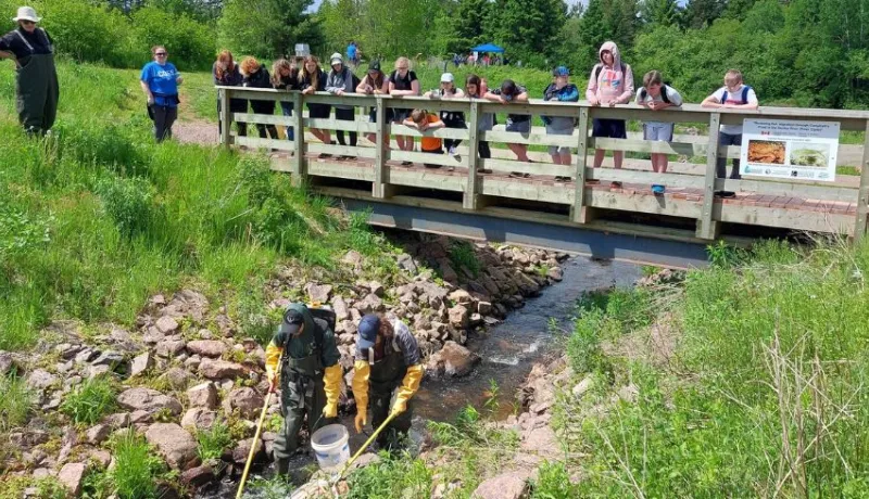 Image of group of people on small bridge looking over at watershed