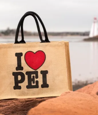 I Love PEI reusable bag with Victoria Park Lighthouse in background