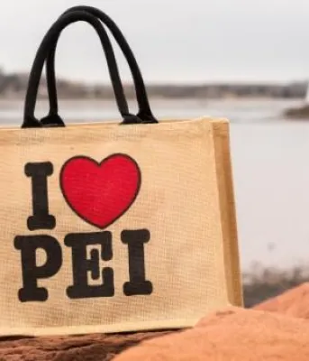 Plastic Bag Reduction Act I Love PEI reusable bag with Victoria Park lighthouse in background