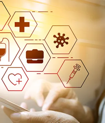 Photo of person touching/using a cell phone with icons of health symbols floating above it