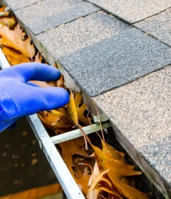 Image of a person removing leaves from a household gutter
