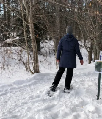 Winter walking, PEI Snowshoeing on community trail