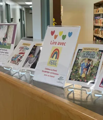 image of french titled books in  stands on a counter with library stacks in the background