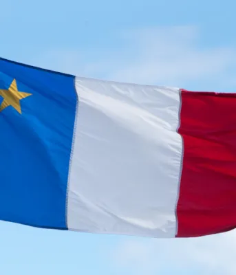 a photograph of an Acadian flag flying on a pole