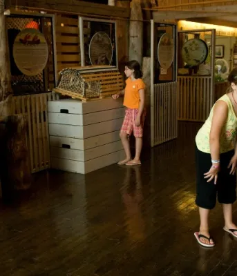 Record pace for tourism continues in August The photo shows four children and one adult looking at exhibits at the Basin Head Fisheries Museum