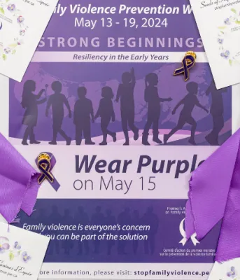 image of a small poster surrounded by purple ribbons and pins