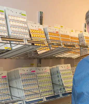 Pharmacare brings relief for prescription drug costs Photo shows Grant Wyand standing next to rows of medications