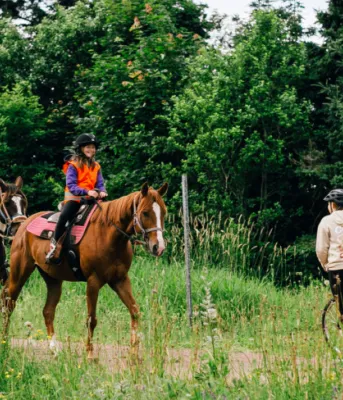 A cyclist walking her bike encounters two riders on horseback along a portion of the Confederation Trail