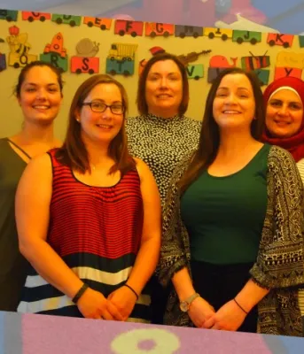 Background is a child&#039;s playmat, with an overlay of staff who oversee supervised access and exchange for parents and children.