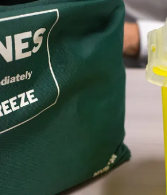 Image of an immunization bag that says &quot;Vaccines Refrigerate Immediately Do not freeze&quot; and a Sharps Collector container for disposing hypodermic needles